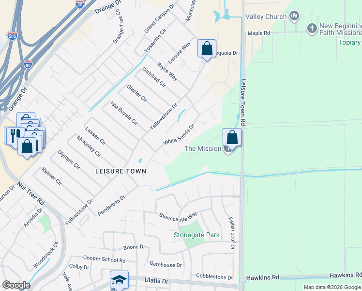 map of restaurants, bars, coffee shops, grocery stores, and more near 244 White Sands Drive in Vacaville