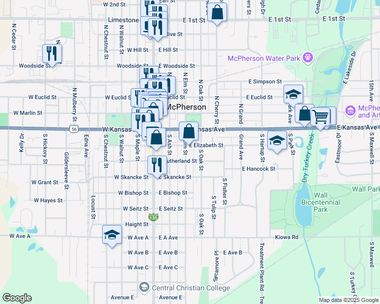 map of restaurants, bars, coffee shops, grocery stores, and more near 353 East Elizabeth Street in McPherson