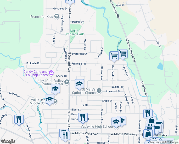map of restaurants, bars, coffee shops, grocery stores, and more near 548 Laramie Way in Vacaville