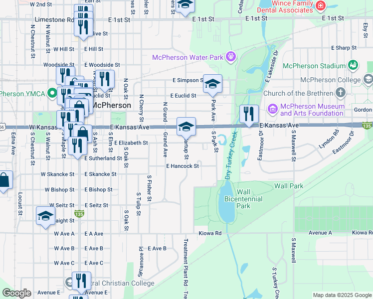map of restaurants, bars, coffee shops, grocery stores, and more near 229 South Hartup Street in McPherson