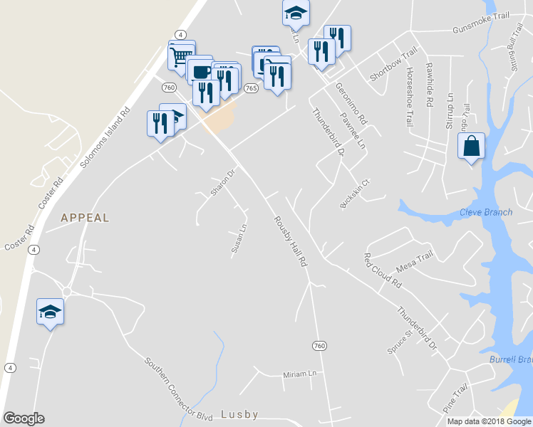 map of restaurants, bars, coffee shops, grocery stores, and more near 12045 Rousby Hall Road in Lusby