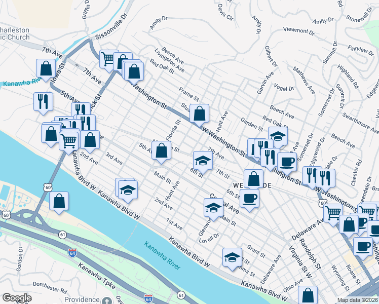 map of restaurants, bars, coffee shops, grocery stores, and more near 1210 Homer Street in Charleston