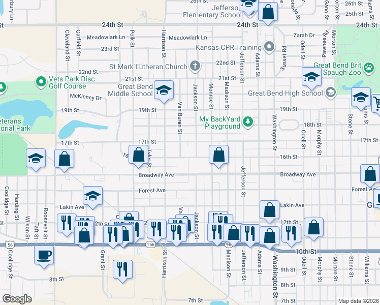 map of restaurants, bars, coffee shops, grocery stores, and more near 1601-1699 Jackson Street in Great Bend