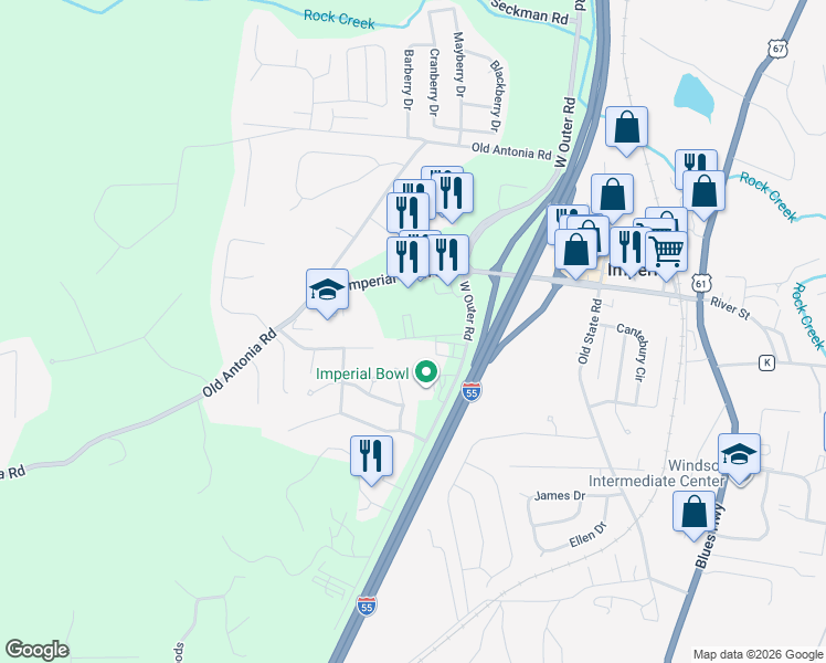 map of restaurants, bars, coffee shops, grocery stores, and more near 1238 Imperial Main Street in Imperial