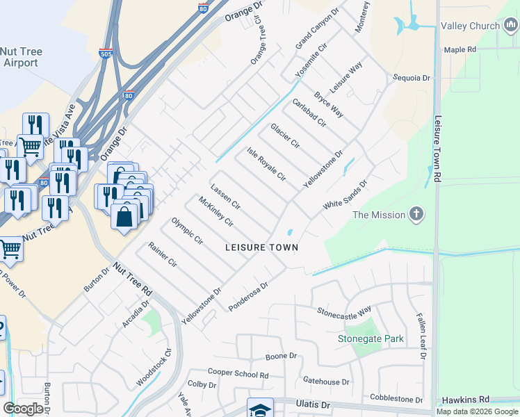 map of restaurants, bars, coffee shops, grocery stores, and more near 183 Lassen Circle in Vacaville