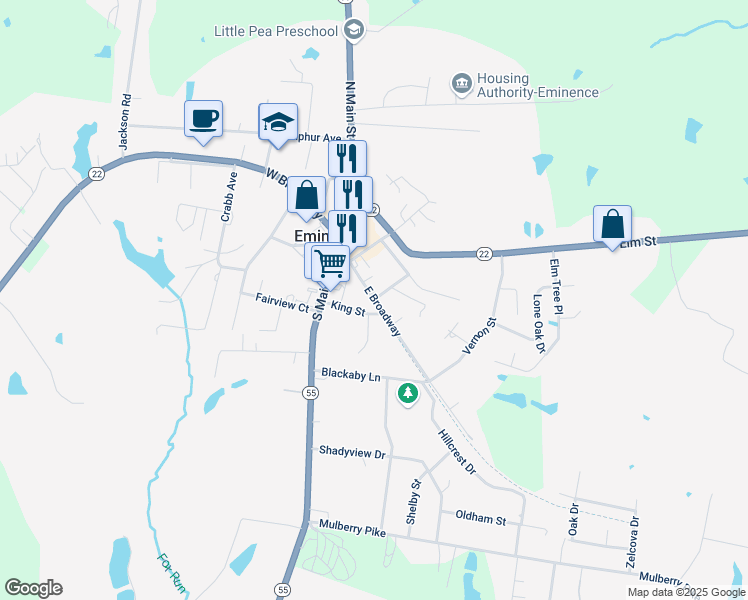 map of restaurants, bars, coffee shops, grocery stores, and more near King Street in Eminence