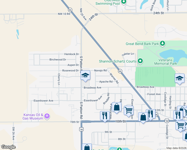 map of restaurants, bars, coffee shops, grocery stores, and more near 5601-5605 Navajo Road in Great Bend