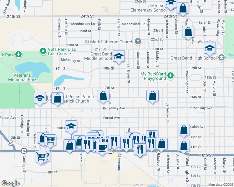 map of restaurants, bars, coffee shops, grocery stores, and more near 3317 17th Street in Great Bend