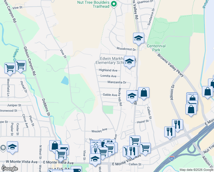 map of restaurants, bars, coffee shops, grocery stores, and more near 136 Manzanita Drive in Vacaville