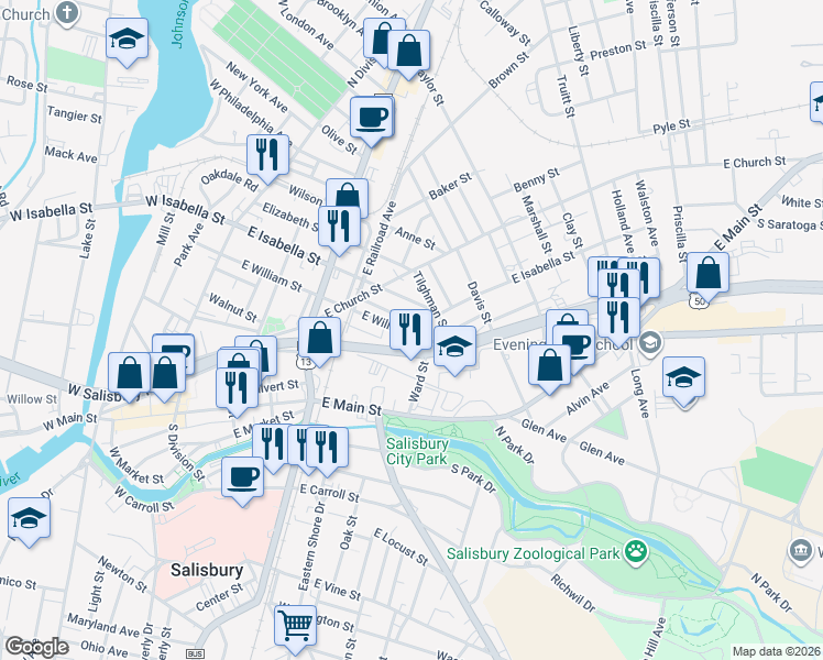 map of restaurants, bars, coffee shops, grocery stores, and more near 522 East Isabella Street in Salisbury
