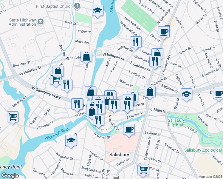 map of restaurants, bars, coffee shops, grocery stores, and more near 302 North Division Street in Salisbury