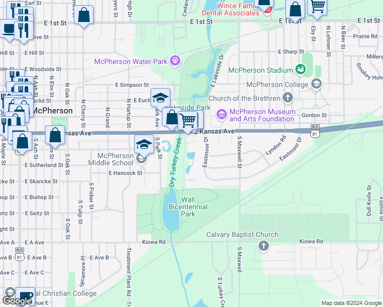 map of restaurants, bars, coffee shops, grocery stores, and more near 101-335 South Lakeside in McPherson