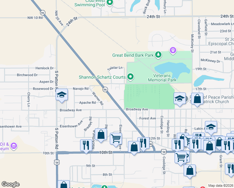 map of restaurants, bars, coffee shops, grocery stores, and more near 1703 Apollo Avenue in Great Bend