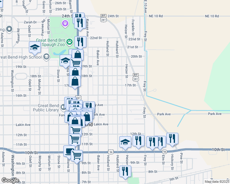 map of restaurants, bars, coffee shops, grocery stores, and more near 1607 Hubbard Street in Great Bend
