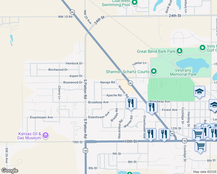 map of restaurants, bars, coffee shops, grocery stores, and more near 5513 Navajo Road in Great Bend