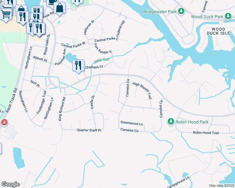 map of restaurants, bars, coffee shops, grocery stores, and more near 67 High Sheriff Trail in Ocean Pines