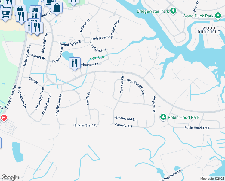 map of restaurants, bars, coffee shops, grocery stores, and more near 67 High Sheriff Trail in Ocean Pines