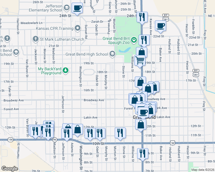 map of restaurants, bars, coffee shops, grocery stores, and more near 1608 Morphy Street in Great Bend