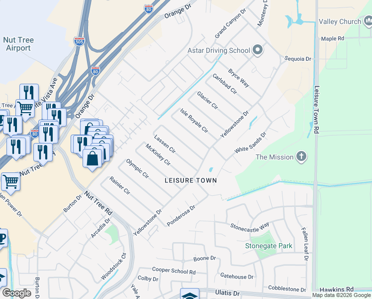 map of restaurants, bars, coffee shops, grocery stores, and more near 189 Lassen Circle in Vacaville