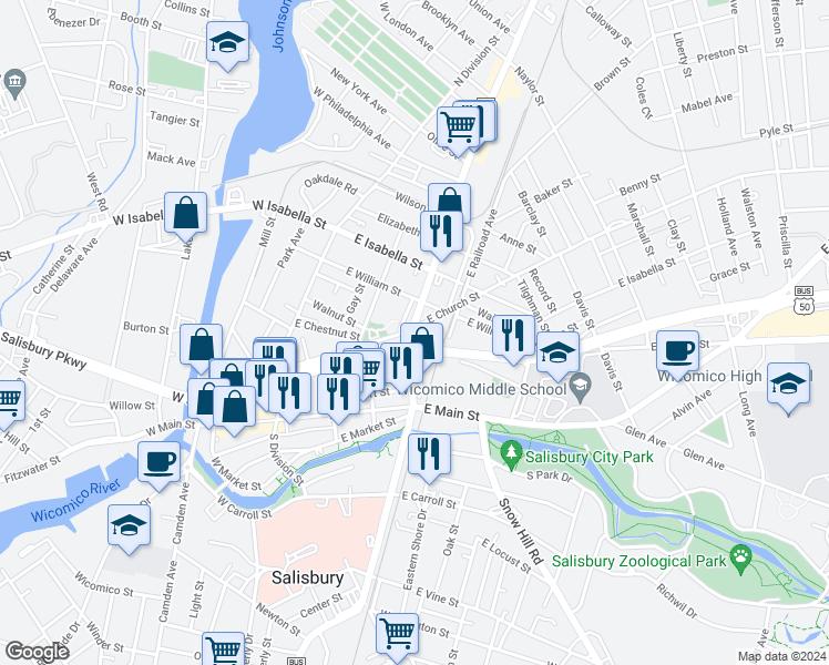map of restaurants, bars, coffee shops, grocery stores, and more near 233 North Salisbury Boulevard in Salisbury
