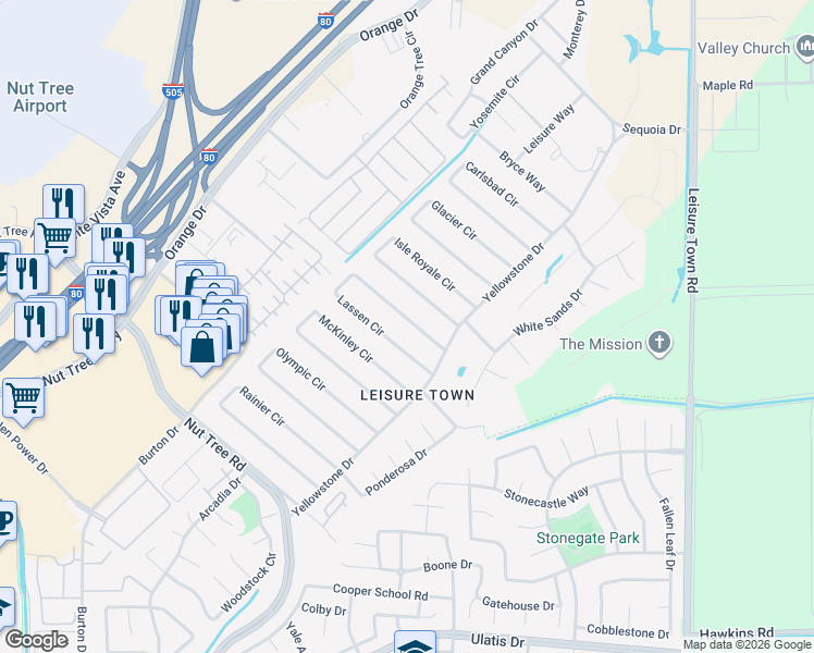 map of restaurants, bars, coffee shops, grocery stores, and more near 189 Lassen Circle in Vacaville