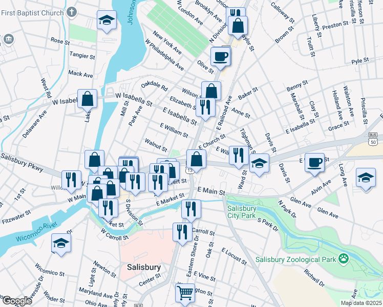 map of restaurants, bars, coffee shops, grocery stores, and more near 225 North Salisbury Boulevard in Salisbury