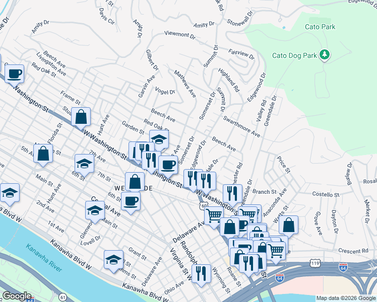 map of restaurants, bars, coffee shops, grocery stores, and more near 850 Somerset Drive in Charleston