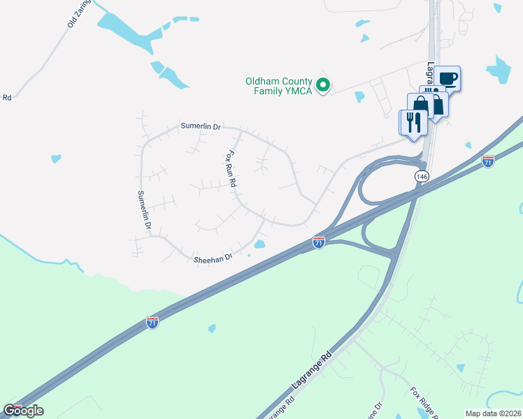 map of restaurants, bars, coffee shops, grocery stores, and more near 5101 Fox Run Road in Buckner