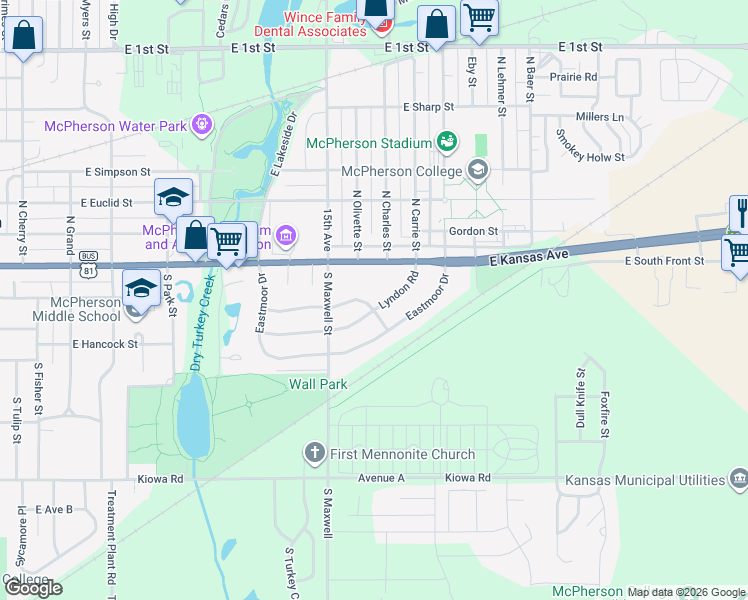 map of restaurants, bars, coffee shops, grocery stores, and more near 1207 Glendale Road in McPherson