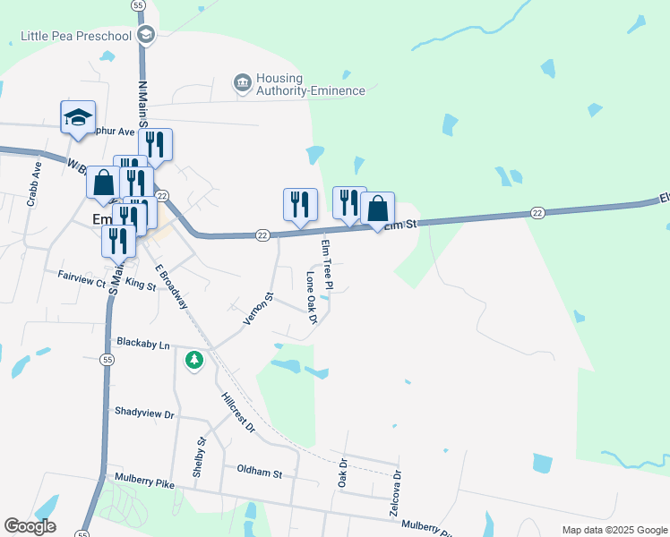 map of restaurants, bars, coffee shops, grocery stores, and more near 11 Lone Oak Drive in Eminence