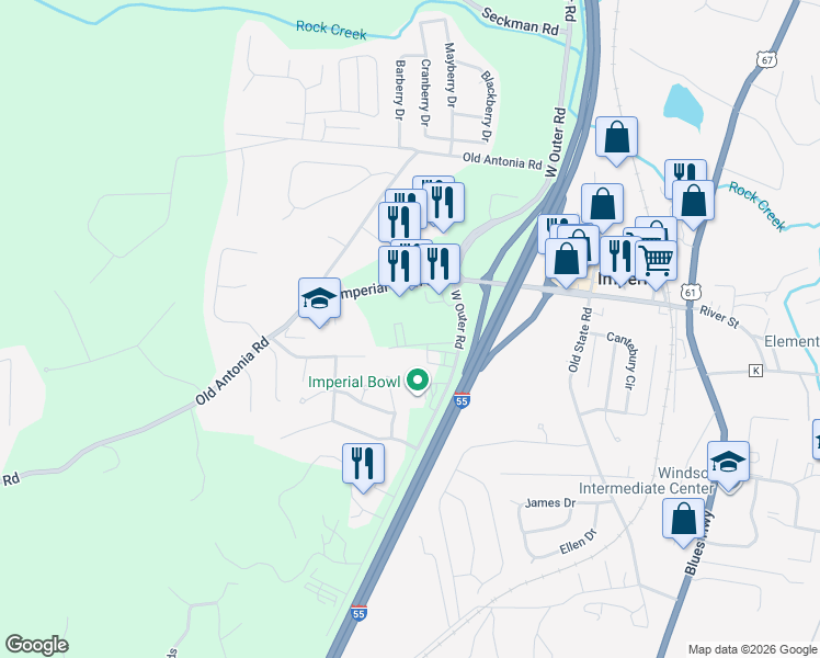 map of restaurants, bars, coffee shops, grocery stores, and more near 1238 Imperial Main Street in Imperial