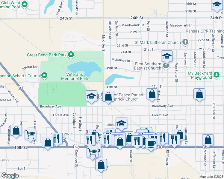 map of restaurants, bars, coffee shops, grocery stores, and more near 1 Cedar Park Place in Great Bend