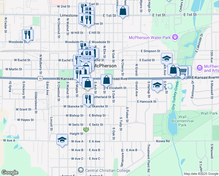 map of restaurants, bars, coffee shops, grocery stores, and more near 353 East Elizabeth Street in McPherson