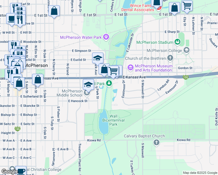 map of restaurants, bars, coffee shops, grocery stores, and more near 101-335 South Lakeside in McPherson