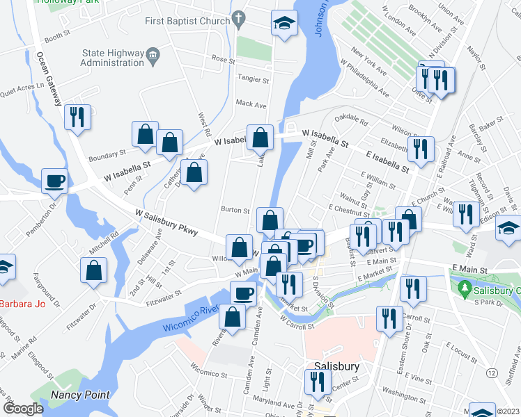 map of restaurants, bars, coffee shops, grocery stores, and more near 315 Lake Street in Salisbury