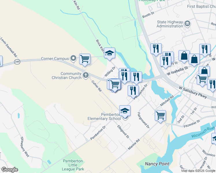 map of restaurants, bars, coffee shops, grocery stores, and more near 6409 Willing Drive in Salisbury
