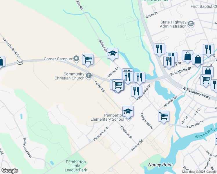 map of restaurants, bars, coffee shops, grocery stores, and more near 6409 Willing Drive in Salisbury