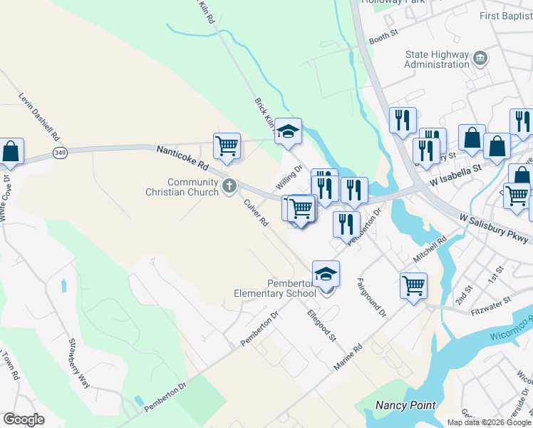 map of restaurants, bars, coffee shops, grocery stores, and more near 6375 Willing Drive in Salisbury