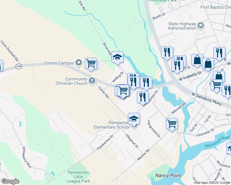 map of restaurants, bars, coffee shops, grocery stores, and more near 6409 Willing Drive in Salisbury