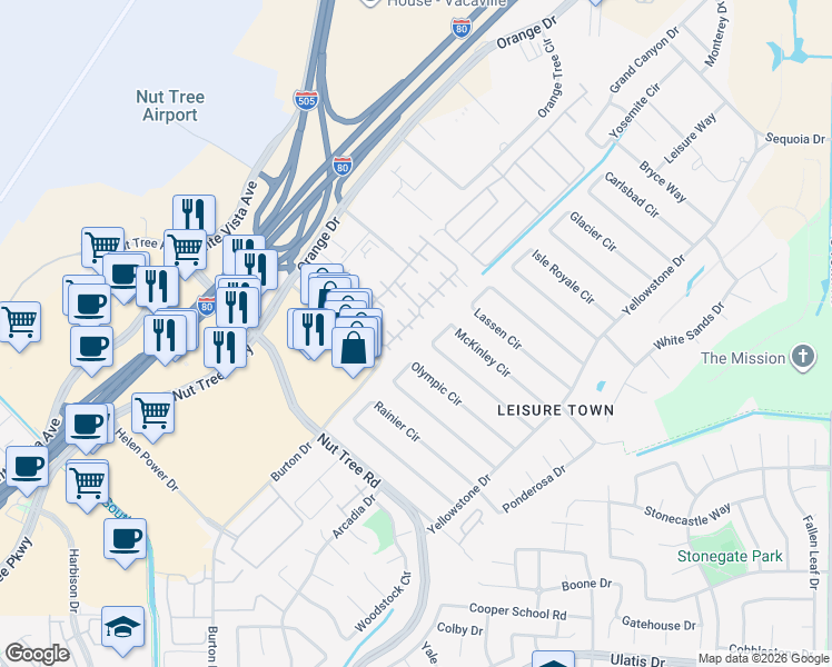 map of restaurants, bars, coffee shops, grocery stores, and more near 111 Lemon Tree Circle in Vacaville