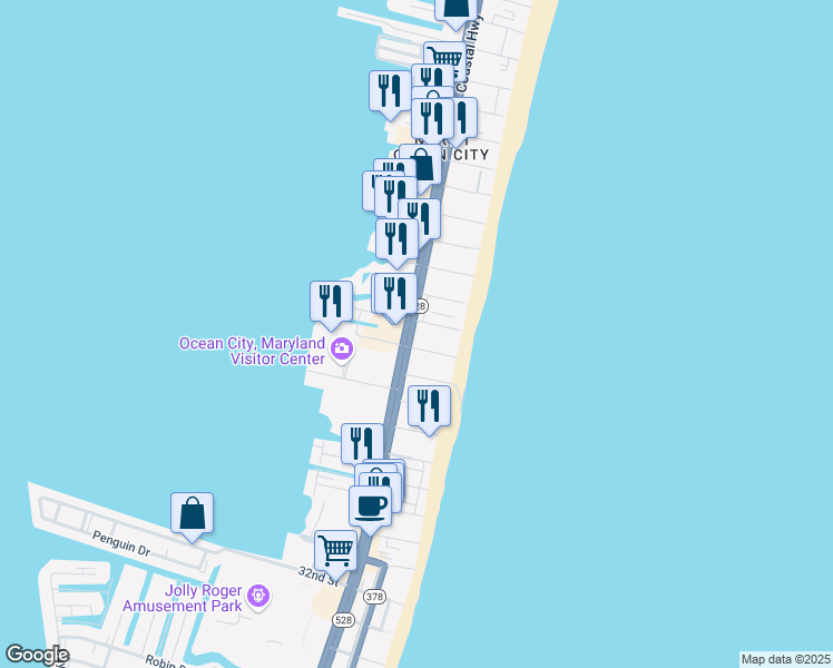 map of restaurants, bars, coffee shops, grocery stores, and more near 15 42nd Street in Ocean City