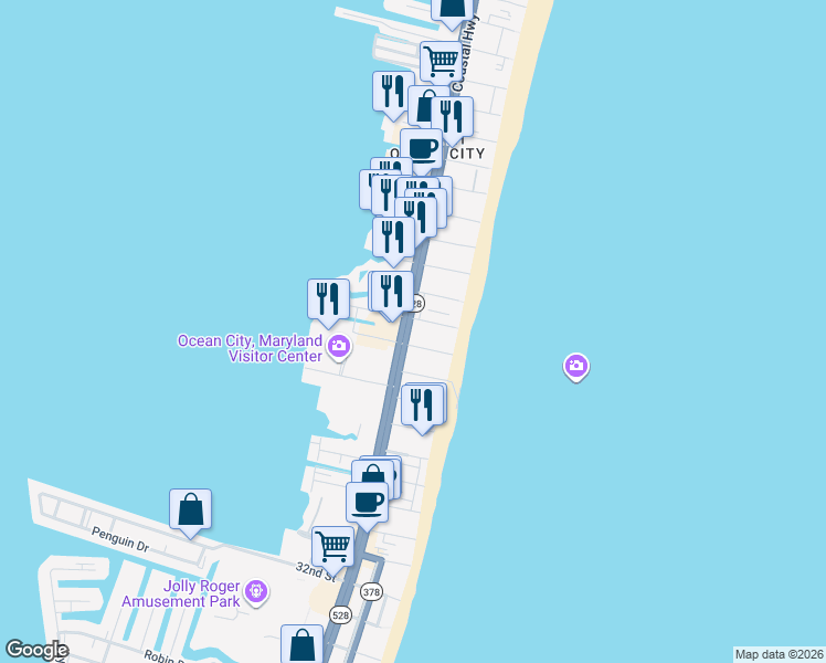 map of restaurants, bars, coffee shops, grocery stores, and more near 18 41st Street in Ocean City