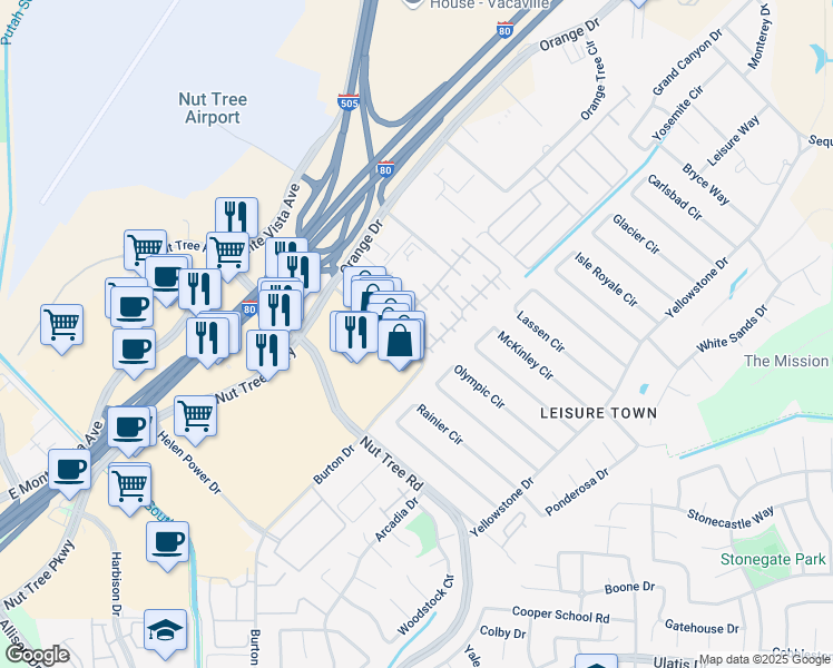 map of restaurants, bars, coffee shops, grocery stores, and more near 148 Lemon Tree Circle in Vacaville