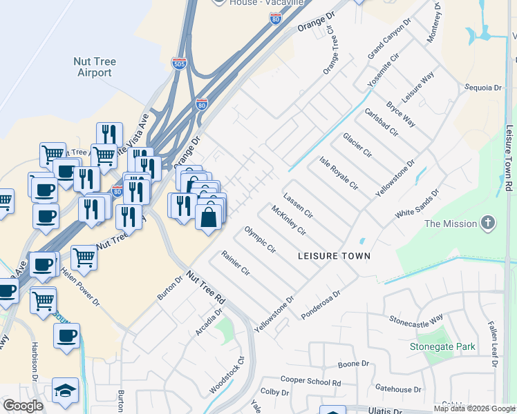 map of restaurants, bars, coffee shops, grocery stores, and more near 111 Lemon Tree Circle in Vacaville