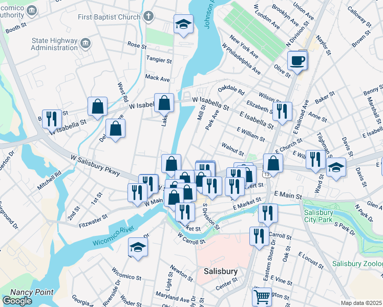 map of restaurants, bars, coffee shops, grocery stores, and more near 116 West Chestnut Street in Salisbury