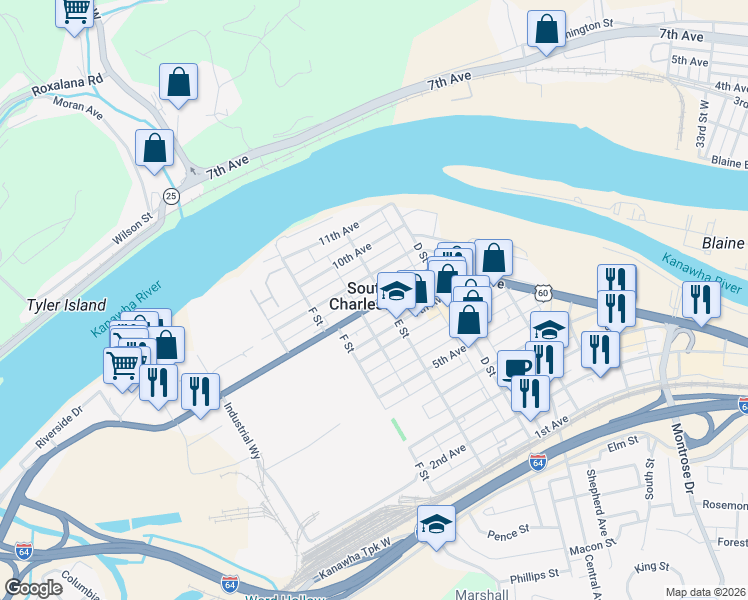 map of restaurants, bars, coffee shops, grocery stores, and more near in South Charleston