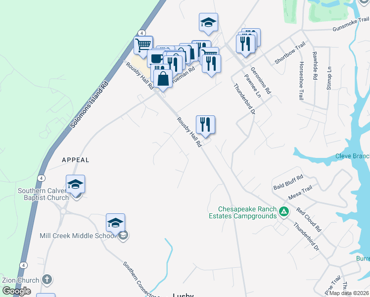 map of restaurants, bars, coffee shops, grocery stores, and more near 11940 Susan Lane in Lusby