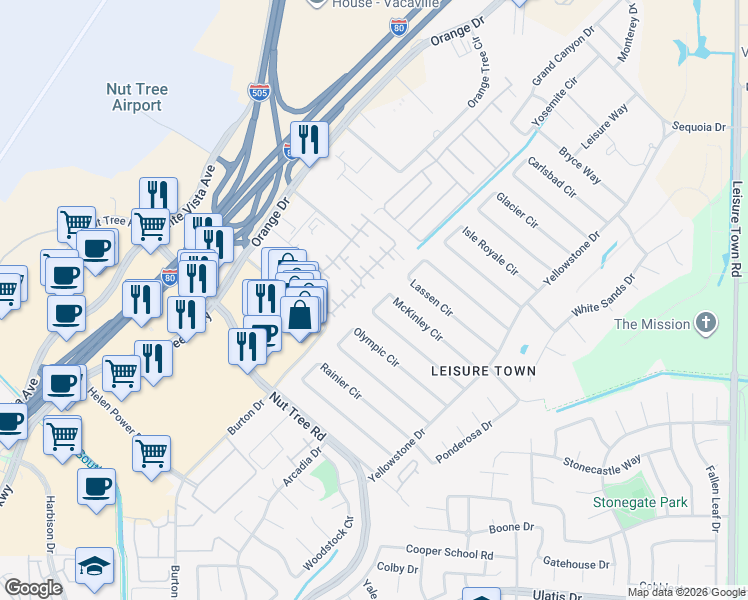 map of restaurants, bars, coffee shops, grocery stores, and more near 111 Lemon Tree Circle in Vacaville