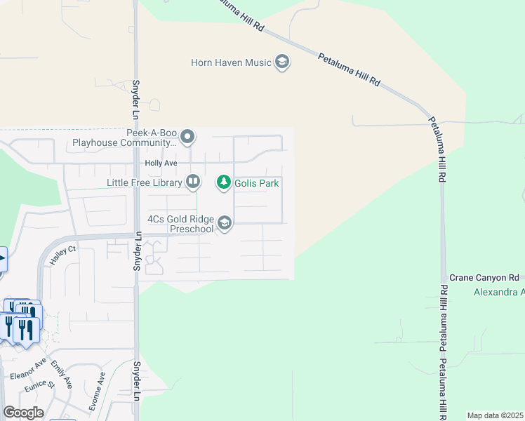 map of restaurants, bars, coffee shops, grocery stores, and more near 1531 Galaxy Court in Rohnert Park