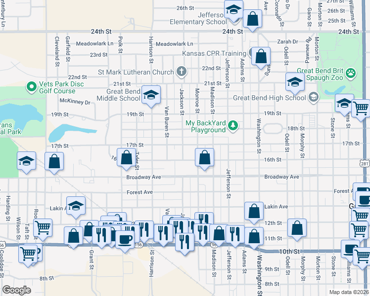 map of restaurants, bars, coffee shops, grocery stores, and more near 1601 Jackson Street in Great Bend